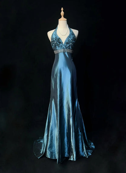 Vintage Prom Dresses Meerjungfrau Neckholder V-Ausschnitt Marineblau Rückenfrei 1990er Lange Abendkleid N2642