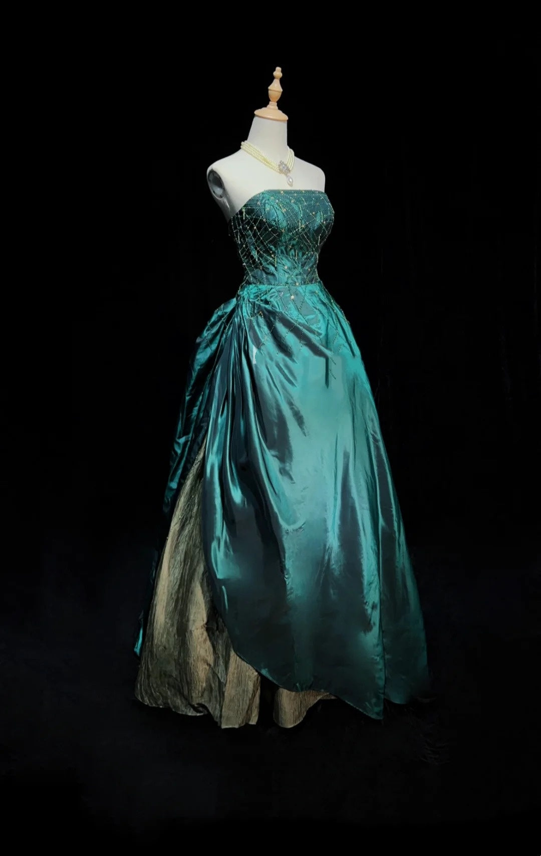 Inspiration Robes de bal vintage Robe de soirée bustier verte avec perles Robe de soirée longue années 80 N2739
