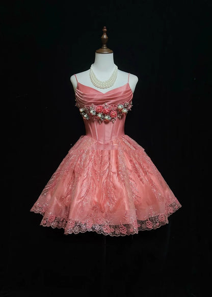 Hübsches Ballkleid Spaghettiträger Rosa Pailletten mit 3D Blumen Tüll Kurze Mini-Heimkehrkleider N2527