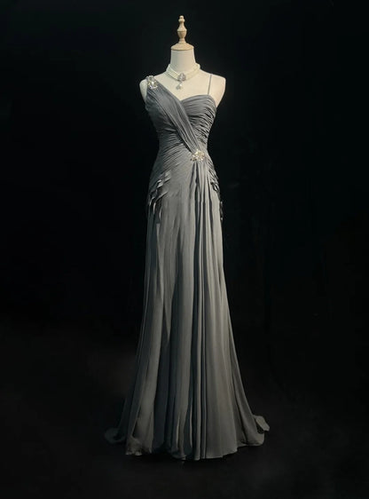 Robes de bal simples Sirène Bretelles fines Grises Mousseline Longueur ras du sol Volants Robe de soirée formelle N3685