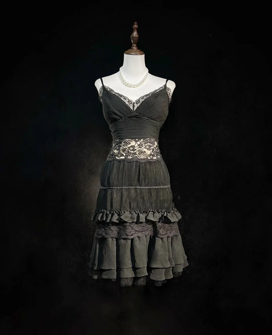 French Style A Line Spaghetti Strap Black Chiffon Short Mini Homecoming Dresses N2458