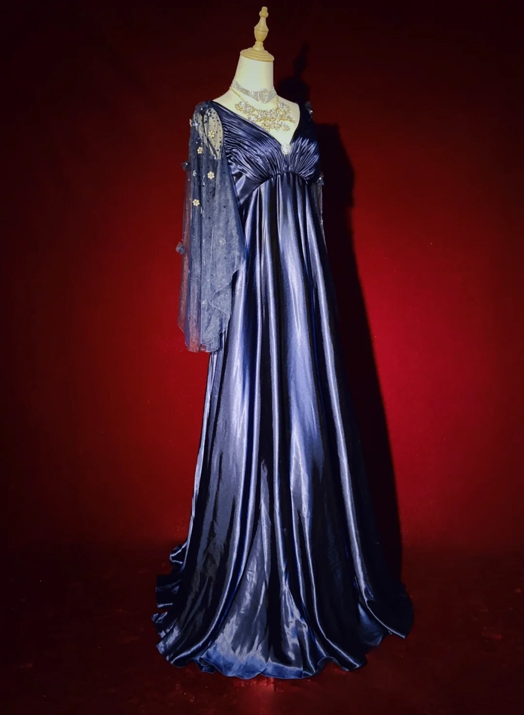 Robes de bal vintage, inspiration ligne A, empire, col en V, satin bleu marine années 90 avec manches, robes de soirée N3314