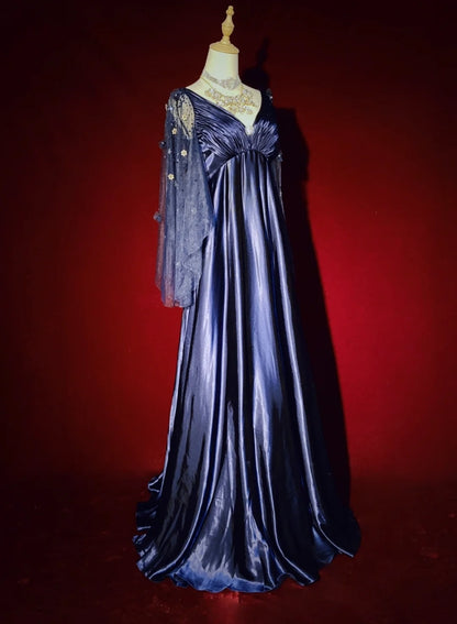 Robes de bal vintage, inspiration ligne A, empire, col en V, satin bleu marine années 90 avec manches, robes de soirée N3314