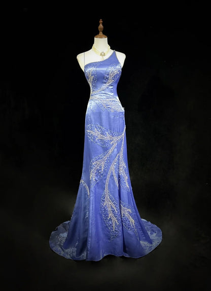 Robes de bal vintage des années 60 sirène à bretelles spaghetti lilas dos nu avec volants perlés longue robe de bal N3114