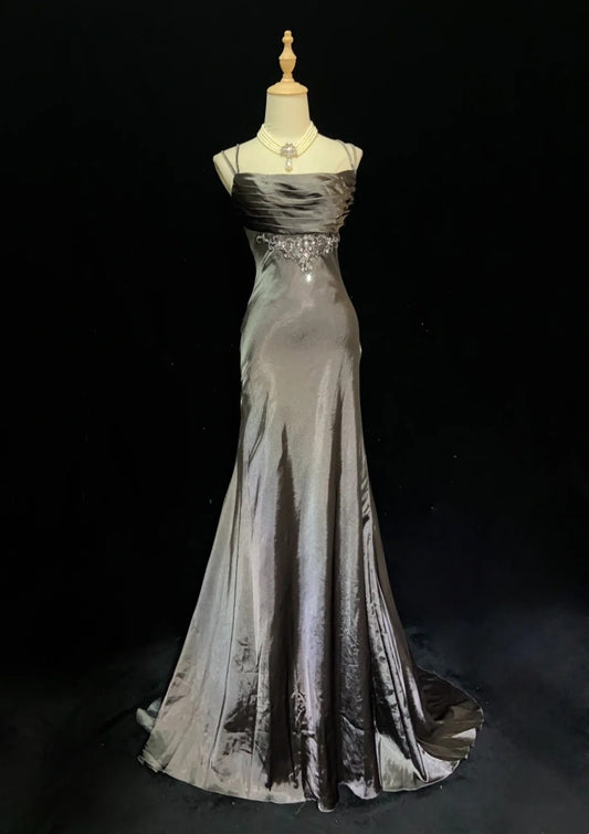 Vintage Prom Dresses Inspo Mermaid Spaghetti Strap Grey Satin 90s With Beaded Formal Gowns N3351