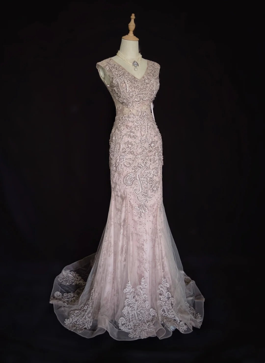 Vintage Prom Dresses Meerjungfrau V-Ausschnitt Pink Spitze 80er Jahre Lange Formelle Abendgarderobe N3875