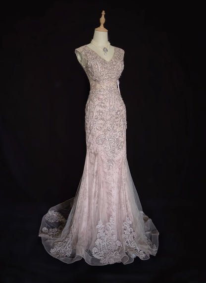 Vintage Prom Dresses Meerjungfrau V-Ausschnitt Pink Spitze 80er Jahre Lange Formelle Abendgarderobe N3875