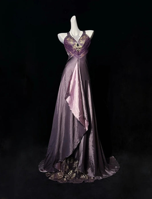 Vintage Prom Dresses 1950s A Line Halter Grape Satin With Gold Lace Sleeveless Evening Formal Outfits RB4332
