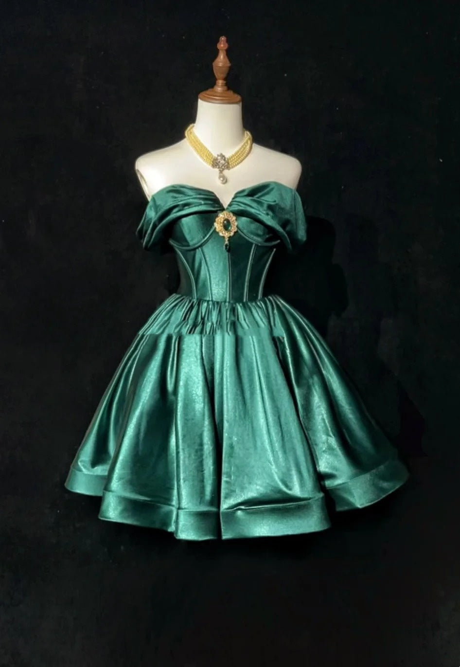 Hübsches Ballkleid Off Shoulder Grüner Satin Kurzes Mini-Heimkehrkleid Hoco Kleider N2603