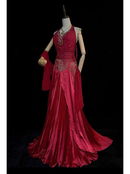 Vintage Prom Dresses Inspo Mermaid Halter 90s Burgundy Satin With Beading For Women Formal Gowns N3311