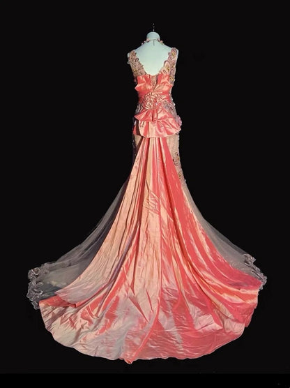 Robes de bal vintage sirène à bretelles rose clair pailleté dentelle avec fleurs longues tenues de soirée N3441
