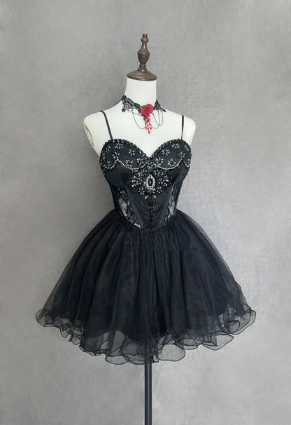 Hübsches Ballkleid Spaghettiträger Kleines Schwarzes Tüll Kurzes Mini-Heimkehrkleid N2521