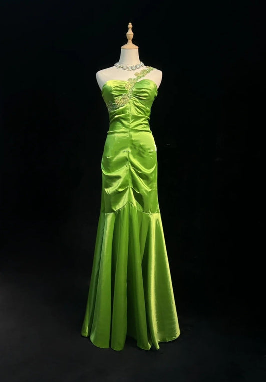 Vintage Prom Dresses Mermaid One Shoulder Light Green Satin With Beading Long Formal Dress N2450