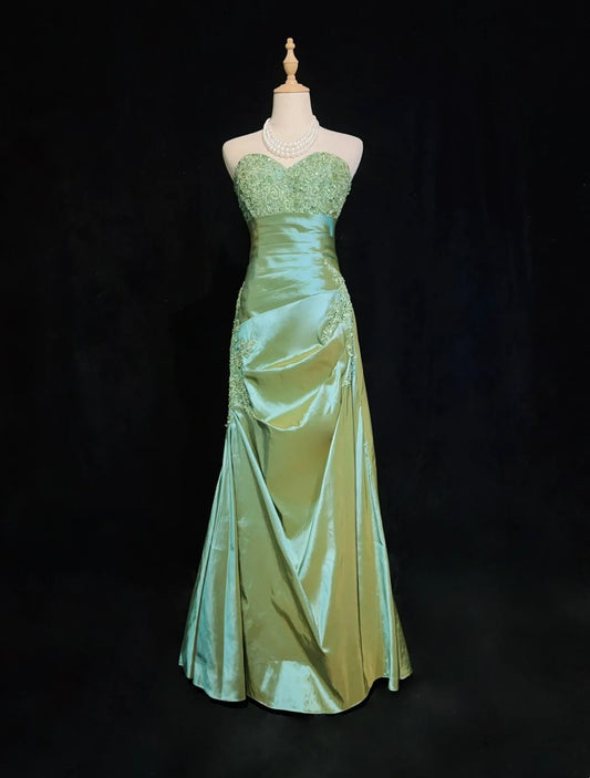 Glamorous Prom Dresses Mermaid Sweetheart Sage Green Satin With Beaded Appliqued Formal Dress N2877