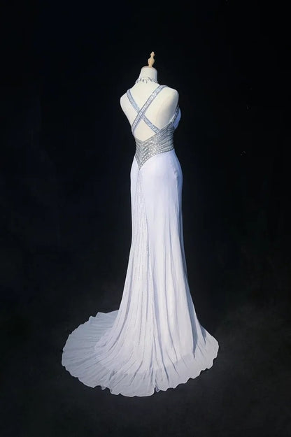 Vintage Prom Dresses Mermaid Sweetheart Gray Chiffon With Beading 1970s Long Formal Gown N2614