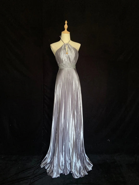 Vintage Prom Dresses Inspo A line Halter Folded Gray With Ruffled For Women Formal Dress N3246