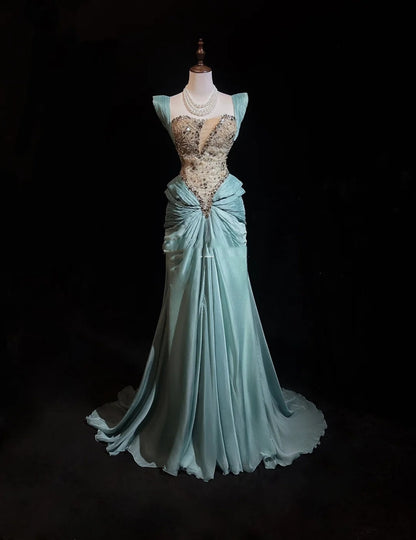 Robes de bal vintage sirène bustier avec dentelle plissée perles longue robe de soirée N2462