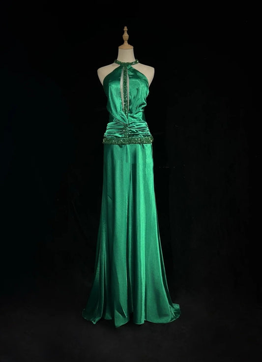 Vintage Prom Dresses A Line Halter Green Satin 80s With Beading Long Formal Evening Outfits N3904