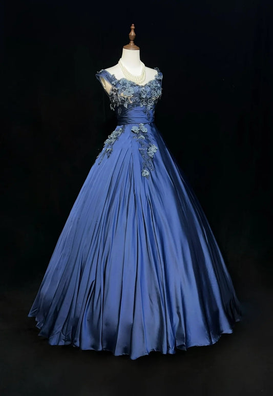 Vintage Prom Dresses Ball Gown Sweetheart Navy Blue Satin With Applique 90s Long Formal Evening Gown N2658