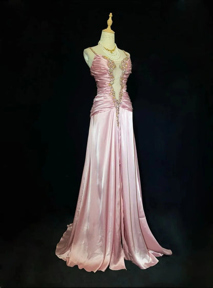 Robes de bal vintage des années 80 sirène à fines bretelles en satin rose longues tenues de soirée N3479