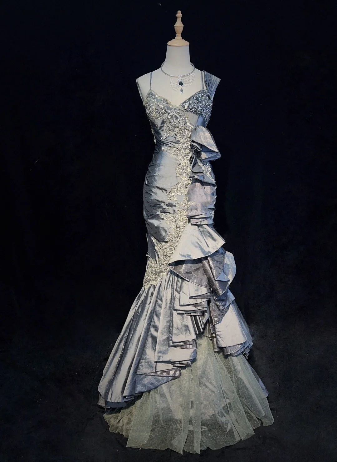 Robes de bal vintage sirène à bretelles en satin gris et dentelle avec volants, longues tenues de soirée N3442