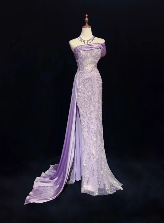 Vintage Prom Dresses Inspo Mermaid Strapless Lilac Sequined With Slit Beads 80s Long Formal Gown N2742