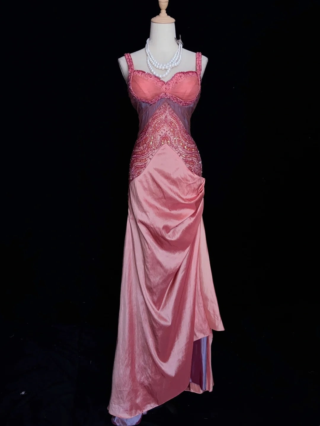 Robes de bal vintage des années 80 sirène bustier en mousseline rose avec perles, tenues de soirée semi-formelles N3635