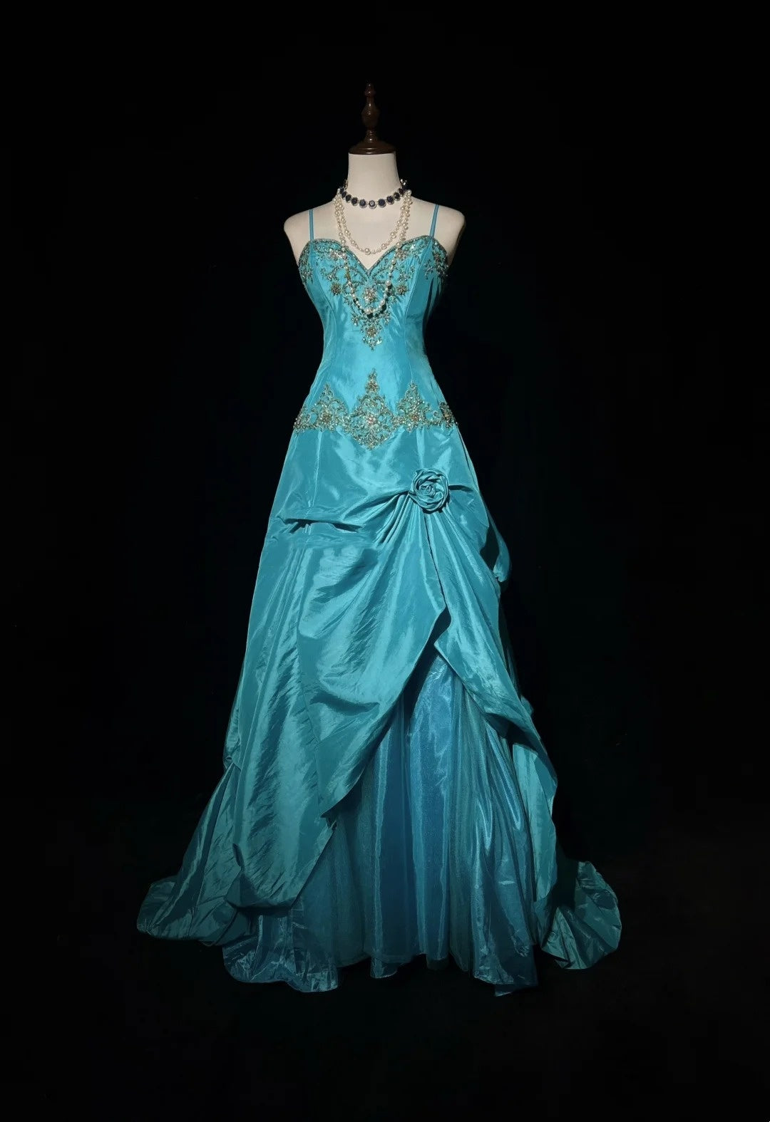 Robes de bal vintage esthétique Années 80 Rétro Robe de bal Bretelles fines Taffetas bleu Longueur ras du sol Tenues de soirée N2329