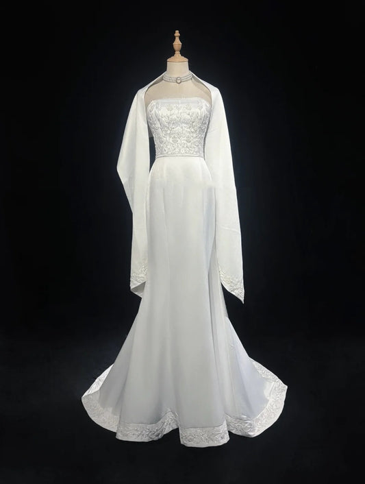 Vintage 90s Wedding Dresses Mermaid Strapless Satin White Beading Summer Garden Long Bridal Gown N3823