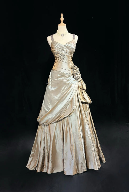 Vintage Prom Dresses Ball Gown Sweetheart With Straps Champagne Beading Long Formal Dress N2451