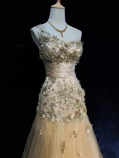 Vintage Meerjungfrauen-Abschlussballkleider, One Shoulder Tüll, Gold, 90er Jahre mit Applikationen, Ballkleider N3343