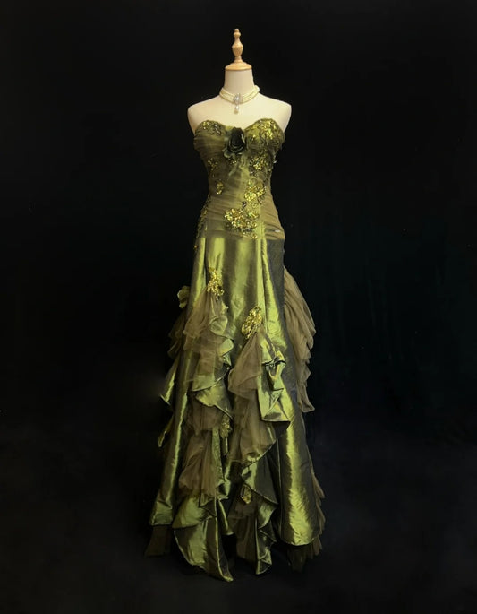 Vintage Prom Dresses Mermaid Sweetheart Olive Green Satin With Beading 1980s Long Formal Gown N2622