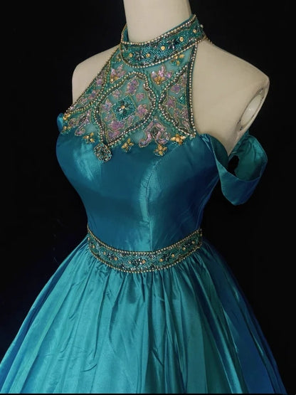 Vintage Ballkleider Inspo Ballkleid Hochgeschlossen Blau Satin 1990er Mit Perlen Abendkleider N3322