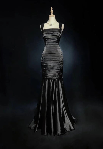 Vintage Prom Dresses Mermaid Square Neck Black Satin With Pleated 1950s Long Formal Gown N2599