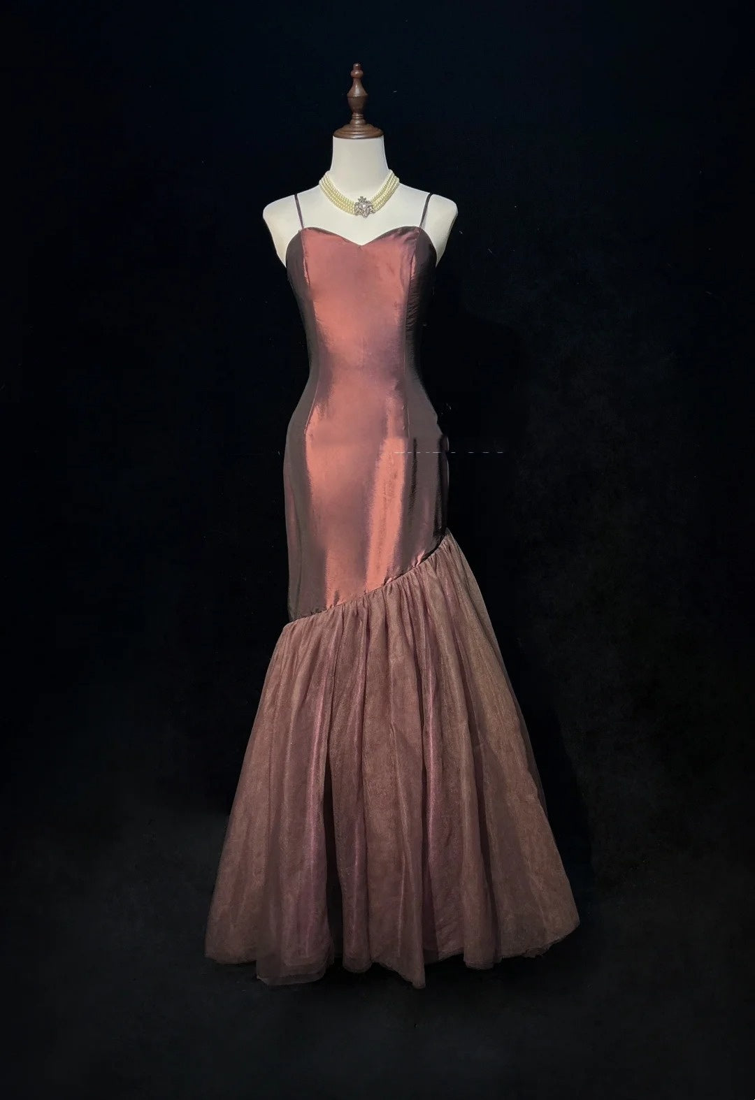 Vintage Prom Dresses Mermaid Spaghetti Strap Floor Length Brown Tulle Formal Party Dress N2532