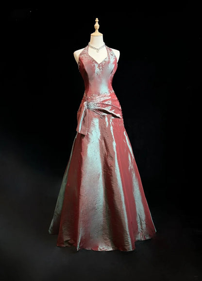 Vintage-Abschlussballkleider 1980er Ballkleid Neckholder Bodenlang Satin mit plissierter Perlenstickerei Abendmode N3126