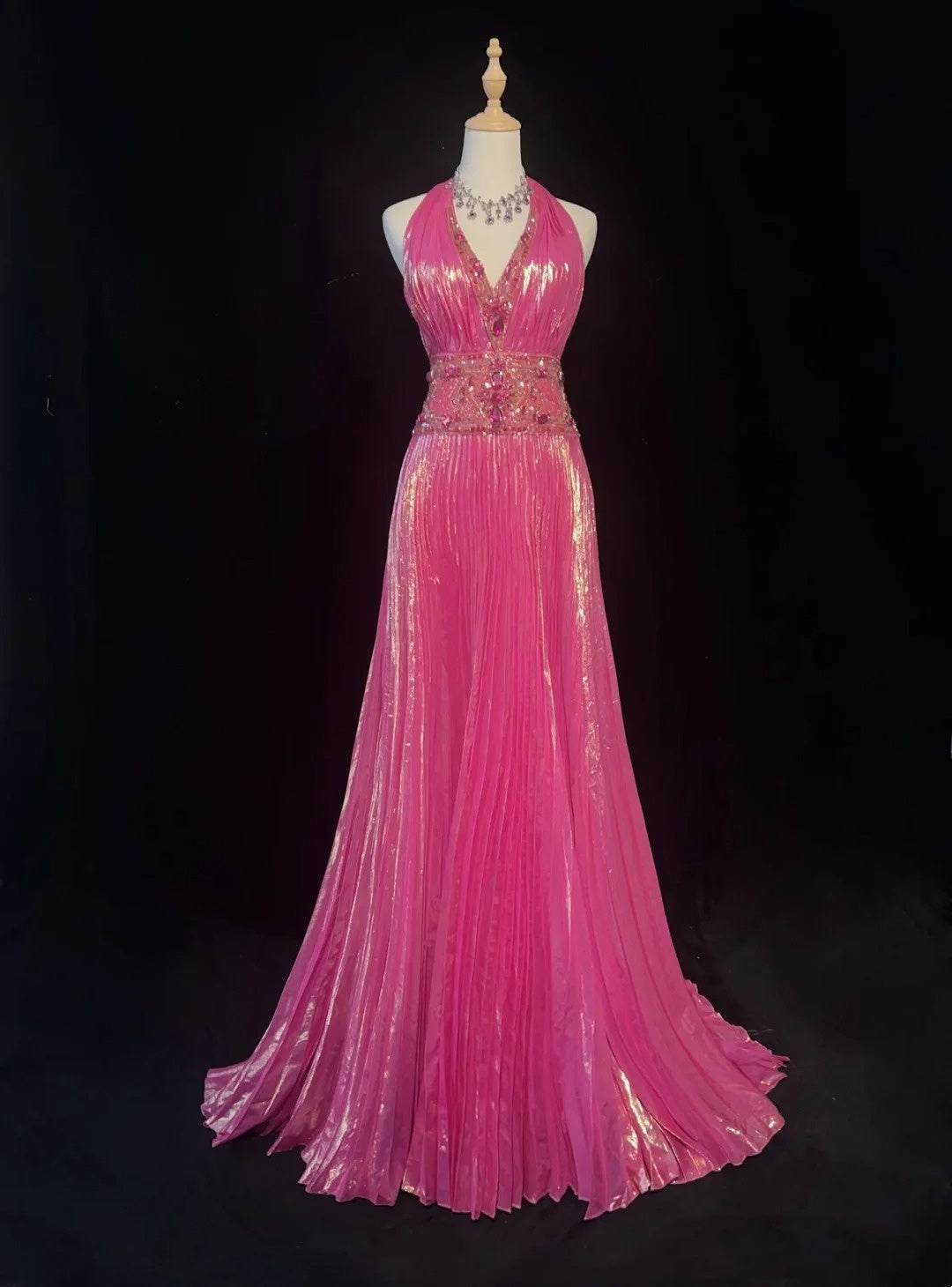 Robes de bal vintage des années 90, ligne A, licou, rose vif avec perles et cristaux, longue robe de bal N3062