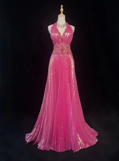 Robes de bal vintage des années 90, ligne A, licou, rose vif avec perles et cristaux, longue robe de bal N3062