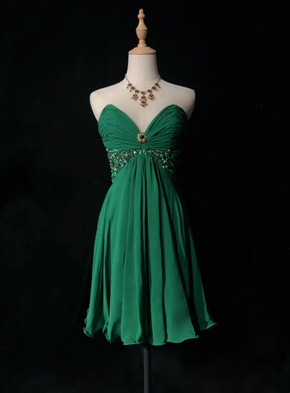 Jolies Robes de Soirée Courtes Vertes en Mousseline de Soie avec décolleté en Cœur, forme trapèze, pour bal de promo N2613