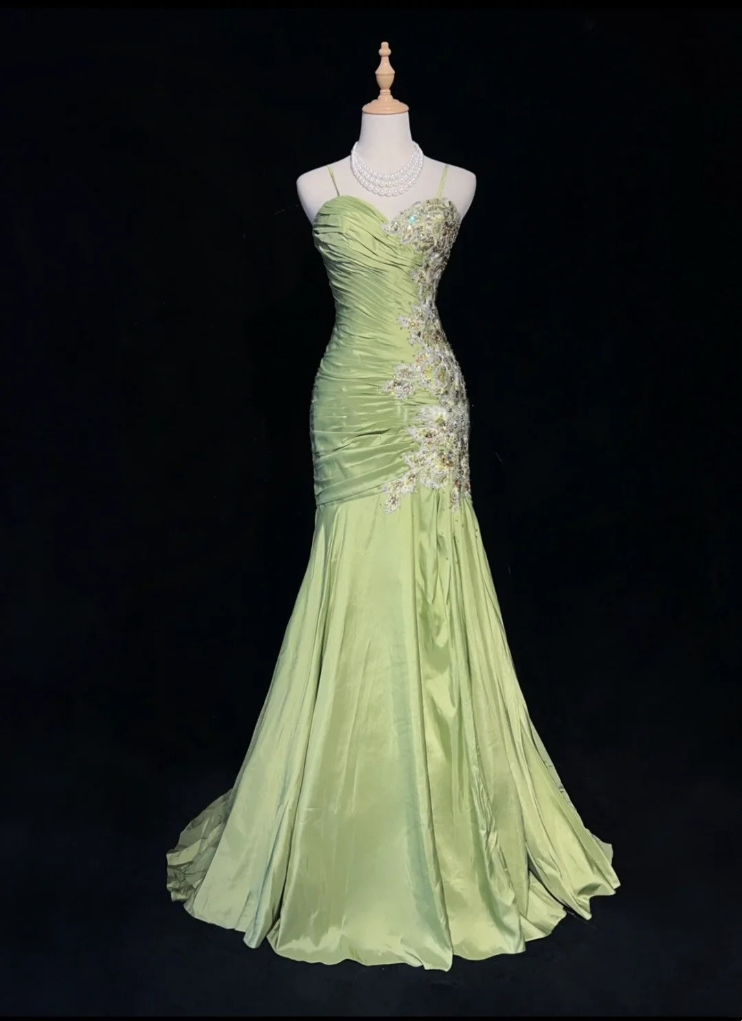 Robes de bal vintage sirène à fines bretelles vert sauge avec appliques robe longue de soirée des années 80 N2728