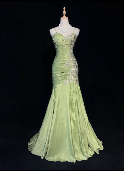 Robes de bal vintage sirène à fines bretelles vert sauge avec appliques robe longue de soirée des années 80 N2728