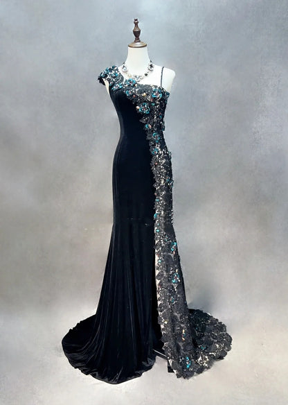 Robes de bal vintage Sirène Asymétrique Velours Noir Paillettes avec Fente Longue Robe de Soirée Années 70 N2579