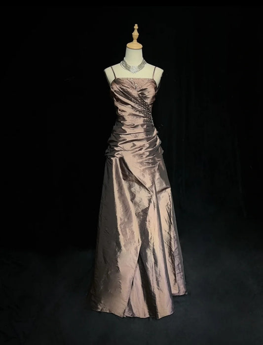 Vintage Prom Dresses Ball Gown Spaghetti Strap Beaded Sleeveless Taffeta 90s Long Formal Gown N2879