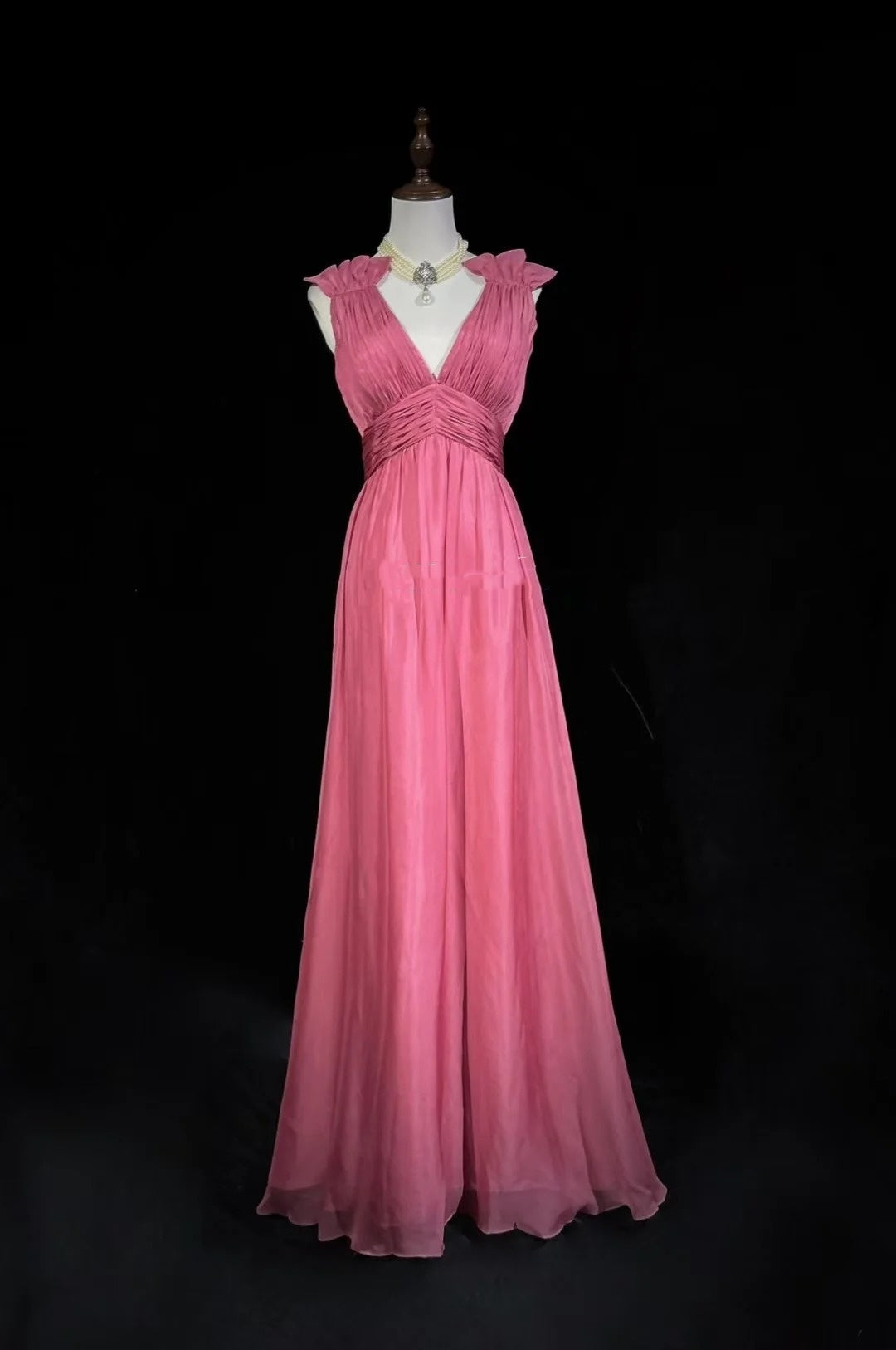 Robe de soirée trapèze col en V en mousseline rose pour fête, remise de diplôme, bal de promo et occasions spéciales N2464