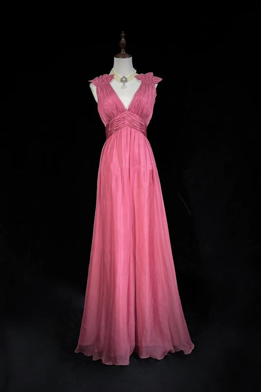 Evening Dress A line V Neck Pink Chiffon Party Graduation Prom Dresses for Special Occasions Robe N2464