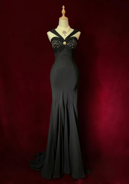 Vintage Prom Dresses Inspo Mermaid 90s Halter Black Tie Dress Chiffon For Women Formal Dress N3302