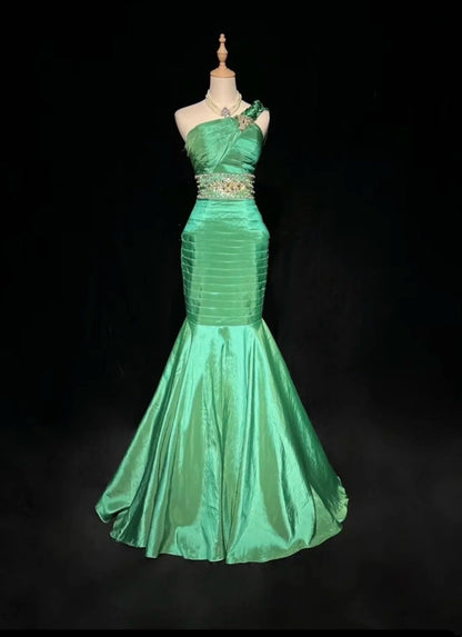 Robes de bal vintage Sirène Asymétrique Vert Plissé Années 90 Robe de soirée longue N2647