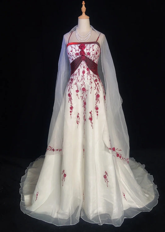 Unique Wedding Dresses A line Spaghetti Strap Burgundy Embroidery White Beach Summer With Cape Boho Long Bridal Gown N3308