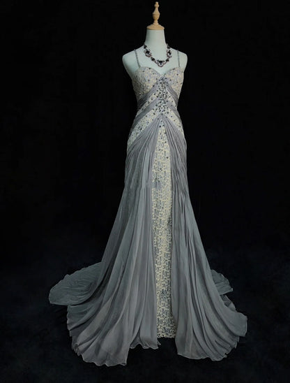 Vintage Ballkleider Inspo Meerjungfrau Spaghettiträger Grau Spitze 90er Jahre mit Spitze Pailletten Formelle Kleider N3348