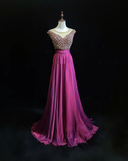 Robes de bal vintage Trapèze Col Bateau Fushia Chiffon Avec Perles Années 80 Longues Tenues de Soirée Formelles N3880